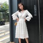 Long-sleeve Feather-accent Midi A-line Tiered Dress