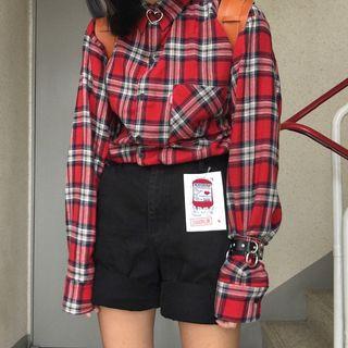 Heart Accent Plaid Shirt Red - One Size