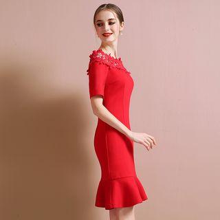 Lace Panel Short-sleeve Cocktail Dress