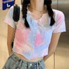 Short-sleeve Tie Dye Buttoned Top As Shown In Figure - One Size