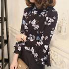 3/4-sleeve Mock Neck Floral Print Blouse