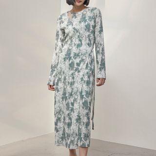 Round-neck Printed Maxi Wrap Dress With Slipdress Dark Green - One Size