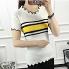 Striped Scallop Trim Short Sleeve Knit Top