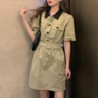 Contrast Collar Mini A-line Dress Army Green - One Size