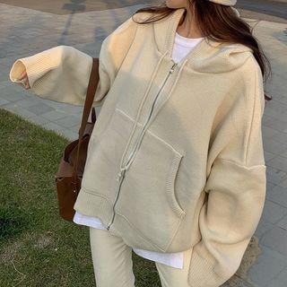 Plain Knit Zip-up Hoodie Beige - One Size