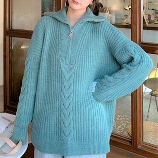 Half Zip-up Plain Cable Knit Sweater