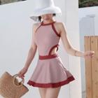 Halter Contrast Trim Cutout Swimdress