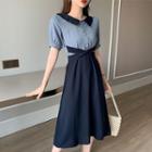 Color Block Short-sleeve Midi Dress Navy Blue - One Size
