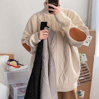 Turtleneck Elbow Patch Cable Knit Sweater