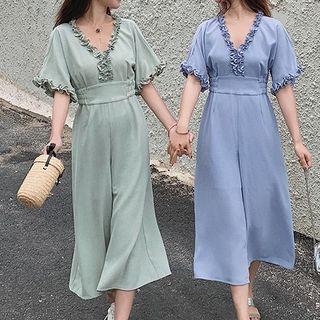 Elbow-sleeve Ruffled Wide-leg Chiffon Jumpsuit