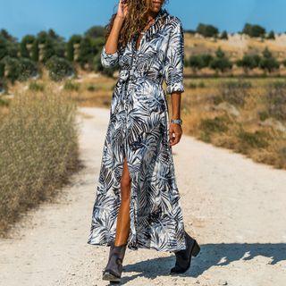 Elbow-sleeve Leaf Print Maxi A-line Shirtdress