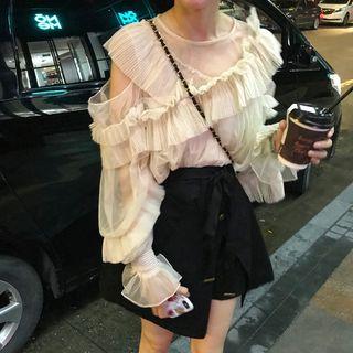 Cutout Chiffon Long-sleeve Top / Camisole Top / Asymmetric Skort / Set