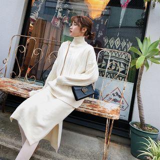 Set: Mock-neck Sleeveless Knit Dress + V-neck Sweater