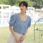 Square Neck Double-breasted Blouse Blue - One Size