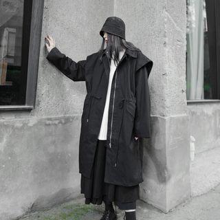 Mock Two-piece Plain Medium Maxi Hooded Trench Jacket