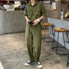 Plain Button-up Straight-cut Jumpsuit