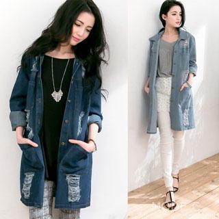 Distressed Long Denim Jacket