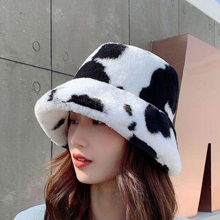 Milk Cow Print Faux Shearling Bucket Hat