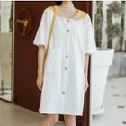 Elbow-sleeve Collared Shift Dress White - One Size