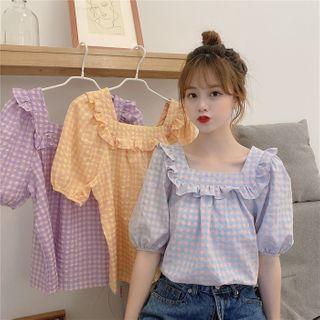 Ruffled Plaid Puff-sleeve Blouse