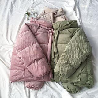 Tie-neck Ribbed Padded Zip Jacket