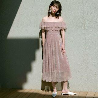 Off-shoulder Ruffled Glitter Midi A-line Dress