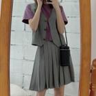 Set: Buttoned Vest + A-line Mini Pleated Skirt