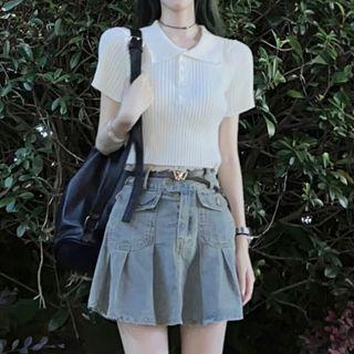 Short-sleeve Knit Crop Polo Shirt / Denim Mini A-line Skirt / Set