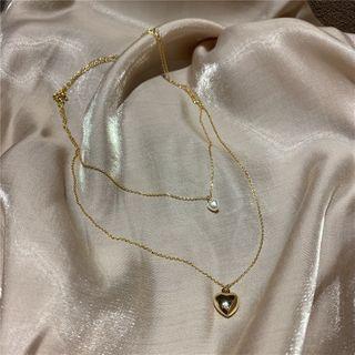 Faux Pearl Alloy Heart Pendant Layered Choker Necklace Set Of 2 - One Size