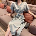 Roll Up Drawstring Waist Satin Top + Ruffled Asymmetric Satin Midi Skirt