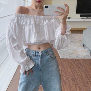 Off-shoulder Ruffled Trim Plain Blouse