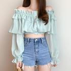 Long-sleeve Off-shoulder Ruffled Top Mint - One Size
