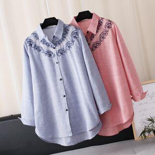 Long-sleeve Neck-embroidered Detail Blouse