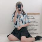 Cat Print Short-sleeve Shirt / Pleated Mini A-line Skirt / Cropped Pants