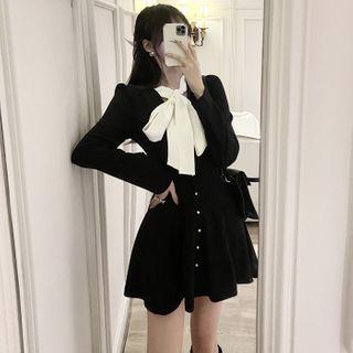 Long-sleeve Bow Accent Min A-line Dress