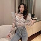 Dotted Ruffled Mesh Blouse / Faux Leather A-line Skirt