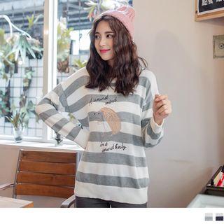 Long Sleeve Embroidered Striped Looose Knit Top