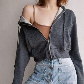 Plain Hooded Zip Long-sleeve Jacket