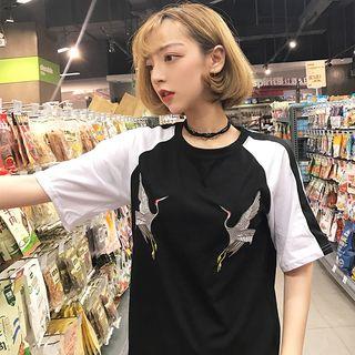 Crane Embroidered Raglan Elbow-sleeve T-shirt