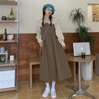Collared Floral Print Blouse / Midi A-line Overall Dress