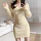 V-neck Mini Sheath Ribbed Sweater Dress