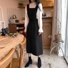 Long-sleeve Bow-back Blouse / Midi A-line Overall Dress