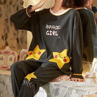 Loungewear Set : Contrast Trim Long-sleeve Star Print Top + Pants