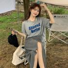 Elbow-sleeve Lettering T-shirt / Midi A-line Skirt
