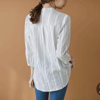 3/4-sleeve Open-placket Striped Shirt