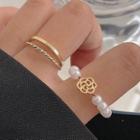 Set Of 2: Layered Alloy Open Ring + Flower Alloy Faux Pearl Ring Set Of 2 - Gold & White - One Size