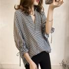Striped 3/4-sleeve Blouse Blue - One Size