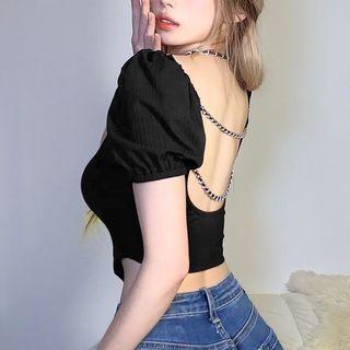 Puff-sleeve Open-back Crop Top