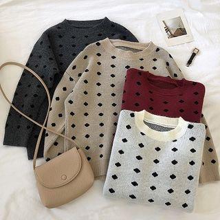 Polka Dot Crewneck Long-sleeve Knit Top