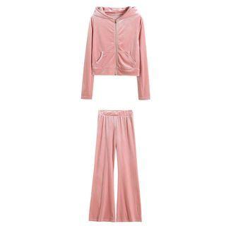 Letter Embroidered Crop Camisole Top / Hooded Zip Jacket / Wide Leg Pants / Set